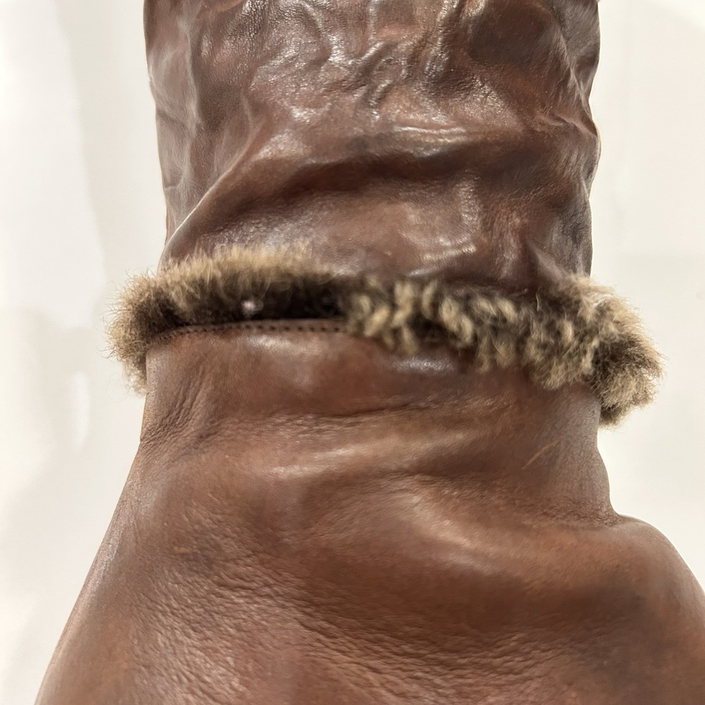 Henri Cuir Long Boots Rare Brown Leather Side Zip Fur Trim Wedge Heel Size 7 38 - Picture 6 of 13